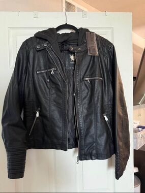 womens Black Faux Leather Hooded Jacket